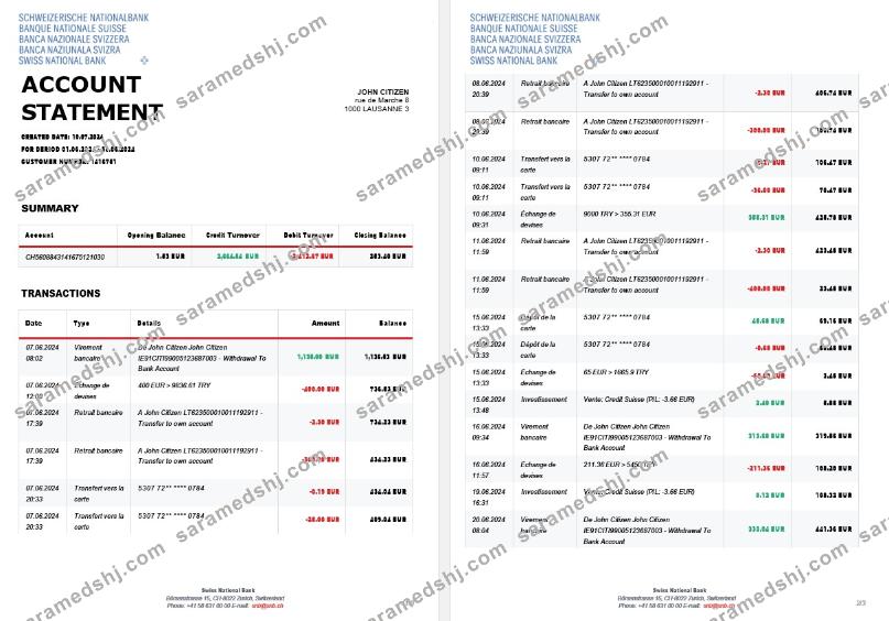 Switzerland Swiss National Bank SNB account statement, 3 pages